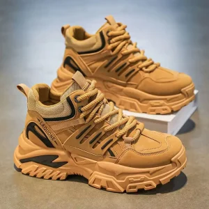 Men’s Autumn Lightweight Workwear Board Shoes Breathable Thick Soled Rubber Midsole Casual Lace Up Mesh Toe Fashionable