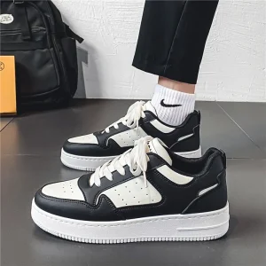 Men’s Autumn New PU Lace up Sneakers Breathable Sports Casual Shoes Teenagers Trendy Versatile Thick soled White