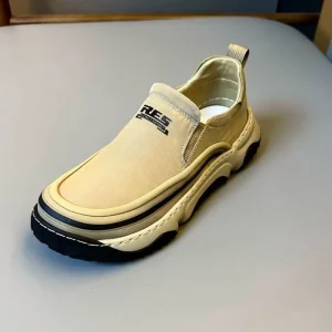 Men’s Beige Fabric Slip On Shoes Thick Chunky Sole Black Trim Sole Heel Pull Tab Stylish Comfortable Daily Footwear