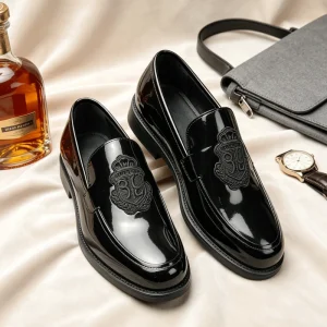 Men’s Black Patent Leather Embroidered Crest Loafers, Formal Leather Dress Shoes, Round Toe Gentleman Footwear
