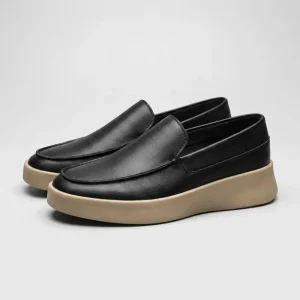 Men’s Black Smooth Leather Loafers Stylish Platform Slip On Casual Business Shoes with Beige Sole