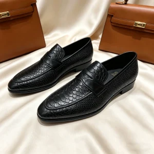 Men’s Black Snake-Skin Embossed Penny Loafers, Slip-On Business Formal Leather Dress Shoes, Breathable Gentleman Footwear