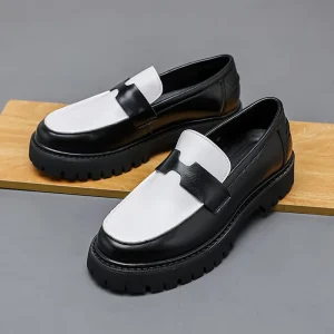 Men’s Black White Platform Loafers Breathable Synthetic Leather Upper Non Slip Thick Sole Footwear All Occasions