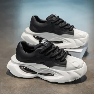 Men’s Black White Two Tone Air Cushion Platform Sneakers Thick Rope Lace Low Top Street Trend Dad Walking Shoes
