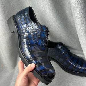 Men’s Blue 100% Crocodile Leather Oxford Shoes Formal Dress Footwear