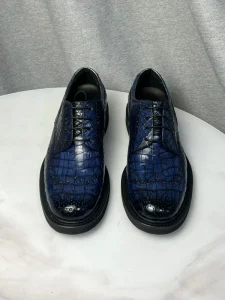 Men’s Blue 100% Crocodile Leather Oxford Shoes Handcrafted Formal Business Footwear