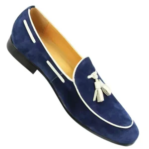 Men’s Blue Penny Loafers Cowhide Suede Tassel Slip-On Driving Shoes Pointed Toe