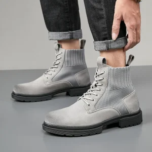 Men’s Boots Trend Boots for Men Style Thick Bottom High Top Elasticated Leather Lace-Up for Outdoor