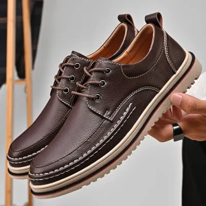 Men’s Breathable Leather Casual Shoes with Lace-up Comfortable Non Slip Office and Daily Wear Cotton Fabric Lining