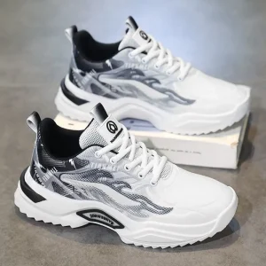 Men’s Breathable Mesh Basketball Boarding Casual Board Shoes Anti-Slip Wear-Resistant Thick Soled Lace-Up Lightweight Spring