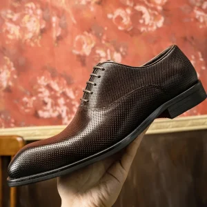 Men’s Breathable Spring Business Formal Square Head Oxford Shoes Cowhide Leather Lace-Up with Rubber Outsole