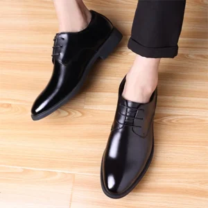 Men’s British Style Wedding Shoes Pointed Toe Breathable Lace up Microfiber Leather Hard Wearing Internal Height Increase