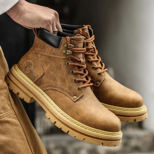 Men’s British Style Workwear Boots Autumn High Top Waterproof Leather Lace-Up Wear-Resisting Versatile Casual Trend Shoes
