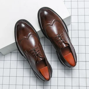 Men’s Brogue Carved PU Dress Shoes Oxfords Large Size 38-46 Lace-Up Closure Spring Autumn Style Formal Business Rubber Midsole