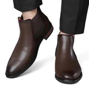 Men’s Brown Microfiber Leather Chelsea Boots Anti-Slippery Pointed Toe Ankle Style