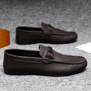 Men’s Brown PU Loafers Metal Buckle Detail Hand Stitched Trim Slip On Design Comfortable & Stylish Daily Footwear
