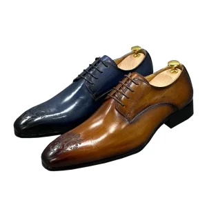 Men’s Business Casual Dress Shoes Carved Point Derby Leather Oxfords Solid Pattern Formal Business Style