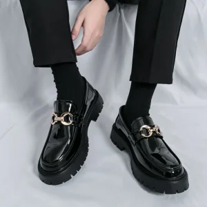 Men’s Business Formal Wear Casual Loafers Horsebit Buckles Trendy Glossy Platform Heels Dress Shoes for Men