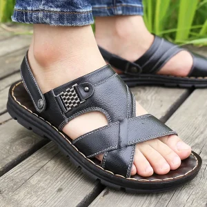 Men’s Casual Beach Slippers Waterproof Leather Shoes with Thick Sole Outdoor Slide Type Sandals