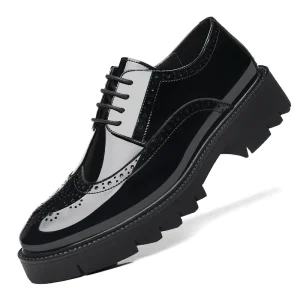 Men’s Casual Business Dress Leather Shoes with Bright Brock Carved Lace Up Patent Leather Upper Platform Waterproof Office Shoes