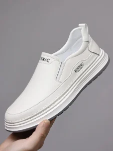 Men’s Casual Leather Slip-On Waterproof Slip-Resistant Shoes White Low Heel Soft Sole Loafers for Youth Spring Summer