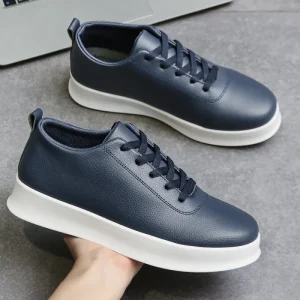 Men’s Casual Lightweight Sports Shoes PU Leather Versatile Style Low Cut Board Shoes Pure Black Anti-Slip Spring Summer Autumn