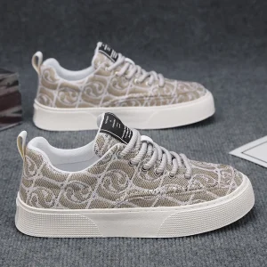 Men’s Casual Running Shoes Breathable Fabric Weaving Flower Canvas Lace Up Versatile Board Design for Autumn Winter Use