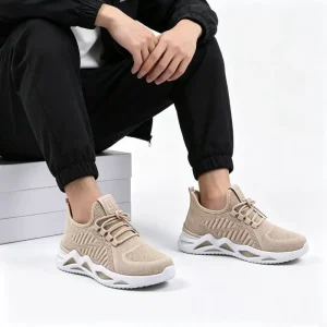 Men’s Casual Running Shoes Spring Summer Autumn Fashion Trend Soft Comfort Striped Lace-up Fly Knit Mesh Upper Cloth