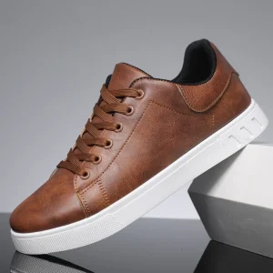 Men’s Casual Sneakers Breathable PU Leather Lace up Shoes Lightweight Comfortable Korean Style for Spring Autumn