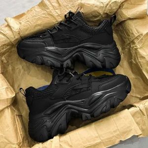 Men’s Casual Sneakers Mesh Breathable Trendy Versatile Sports Heighten Inner Height Black Clunky Shoes