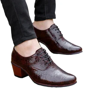Men’s Casual Thick High Heels Pointed Toe Lace Up Waterproof Breathable Wedding Shoes Business Formal Office Oxfords
