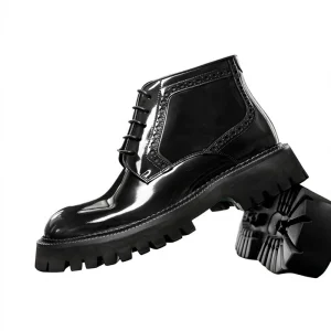 Men’s Chunky Boots Thick Sole Raised Toe Winter Breathable Vintage Short Boots Polished Leather