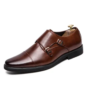 Men’s Classic Casual Comfortable Leather Dress Shoes Double Monk Strap Slip-On Loafer Plain Toe Light Feature for Autumn Season