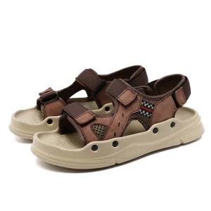 Men’s Cow Genuine Leather Closed Toe Sports Sandals Adjustable Mesh Breathable Upper Rubber Outsole Slip-On Anti-Slippery