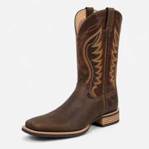 Men’s Cowboy Boots Full Grain Leather Square Toe Western Vintage Embroidery Horse Riding Boots for Outdoor Daily Wear