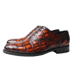 Men’s Crocodile Embossed Leather Oxford Shoes Handmade Amber Patina Brogues Exotic Print Dress Shoes for Business Wedding