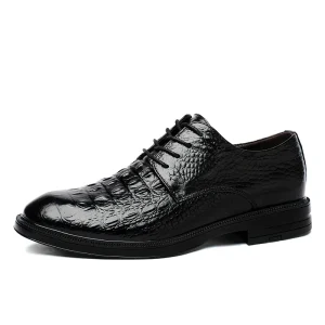 Men’s Derby Dress Uniform Oxford Shoes Low-top Lace up Embossed crocodile Stripes Genuine Cow Leather Business Casual