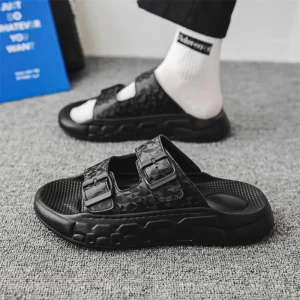 Men’s Double Buckle Slide Sandals Thick Platform Sole Anti-Slip Wear Resistant Casual Street Style Indoor Daily Sandals
