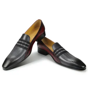 Men’s Genuine Cowhide Leather Dress Shoes Autumn Slip-On Casual Oxfords Gentleman Party Wedding Gray Red Mixed Color