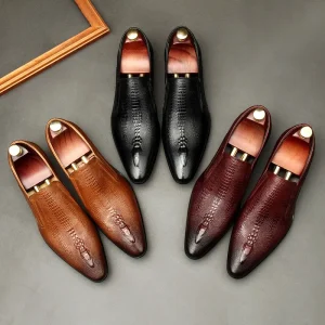 Men’s Genuine Leather Breathable Alligator Print Pointed Leather Business Dress Wedding Line Formal Men’s Shoes