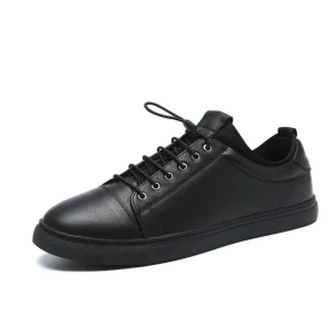 Men’s Genuine Leather Casual Walking Sneakers All Black Real Leather Shoes with Sock Lining