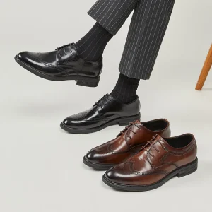 Men’s Genuine Leather Derby Shoes British Casual Business and Wedding Groom Loafers with Carved Toe for Business Casual Wear