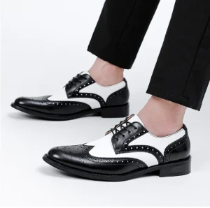 Men’s Genuine Leather Dress Shoes British Style Block Carved Derby Shoes Black & White Plus Size Wedding Formal Oxfords Shoes