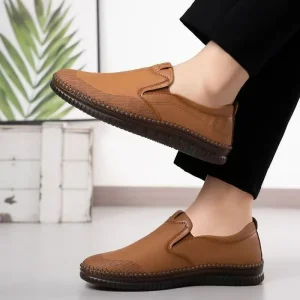 Men’s Genuine Leather Mesh Soft Sole Upper Slip On Lazy Man’s Shoes Driving Anti Slip Cross Border Plus Size Casual Footwear