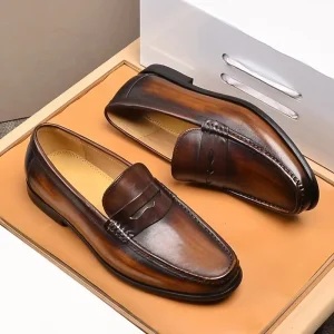 Men’s Genuine Leather Slip On Shoes Breathable Top Layer Cowhide Soft Rubber Sole Loafers Genuine Leather Casual Shoes
