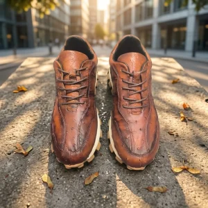 Men’s Genuine Ostrich Leather Shoes Custom Hand Burnished Casual Sneakers Lightweight Rubber Foam Sole Supplier