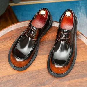Men’s Glossy Genuine Leather High Top Shoes, Formal Wedding Derby Casual, Round Toe, Business Groom