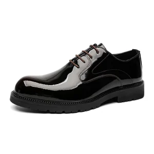Men’s Glossy Leather Casual Business Dress Shoes British Youth Round Toe Wedding Groom with Waterproof Closed Toe