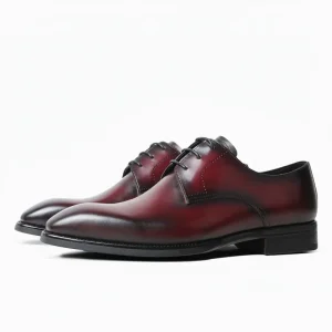 Men’s Hand-Patina Burgundy Derby Shoes Genuine Leather Formal Business Shoes Middle East Royal Style
