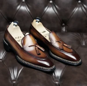 Men’s Handmade Goodyear Sewing Shoes Leather Upper Breathable Waterproof Plaid Pattern Office Career Sock